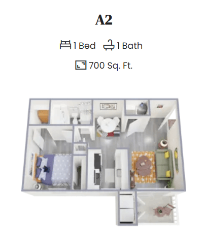 Floor plan for 1 bed, 1 bath, 700 sqft